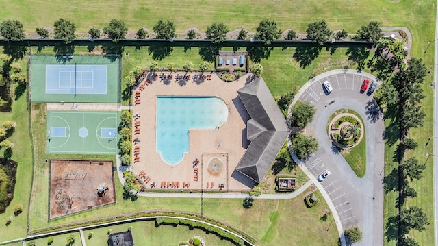 aerial view of a pool area