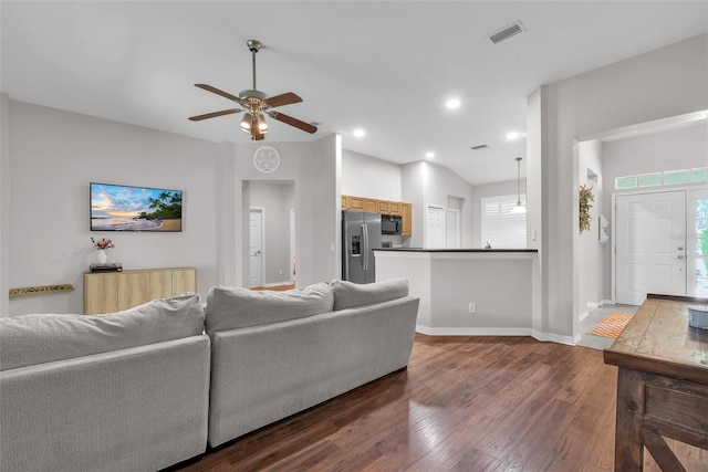 11808 Holly Crest Ln, Riverview, FL 33569 - living room featuring dark wood-style floors, a ceiling fan, baseboards, recessed lighting, and lofted ceiling