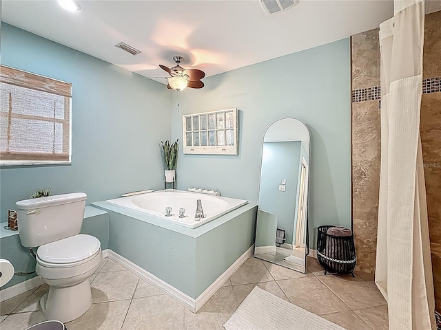 3093 Hillside Ln, Safety Harbor, FL 34695 - bathroom with a bath, toilet, ceiling fan, and curtained shower