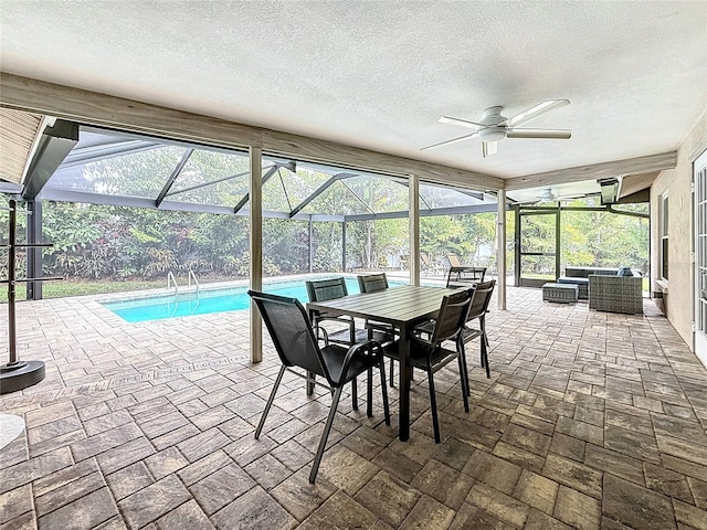 3093 Hillside Ln, Safety Harbor, FL 34695 - sunroom / solarium featuring a pool, ceiling fan, an outdoor hangout area, and outdoor dining area