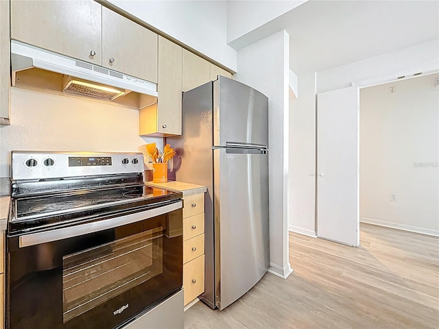 200 4th Ave S Unit 229, Saint Petersburg, FL 33701 - kitchen with stainless steel appliances, under cabinet range hood, light wood-type flooring, light countertops, and baseboards