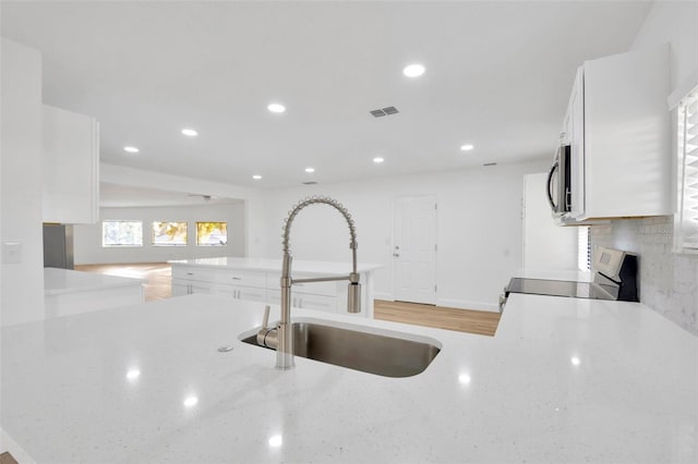 kitchen with electric range, a sink, light stone counters, stainless steel microwave, and a fireplace