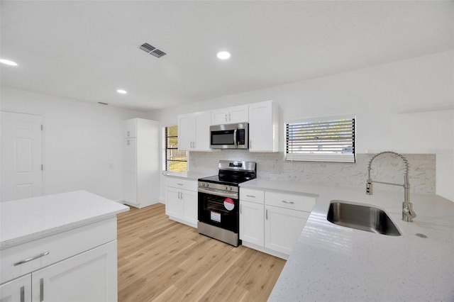 kitchen featuring stainless steel appliances, a sink, tasteful backsplash, light wood-type flooring, and white cabinets