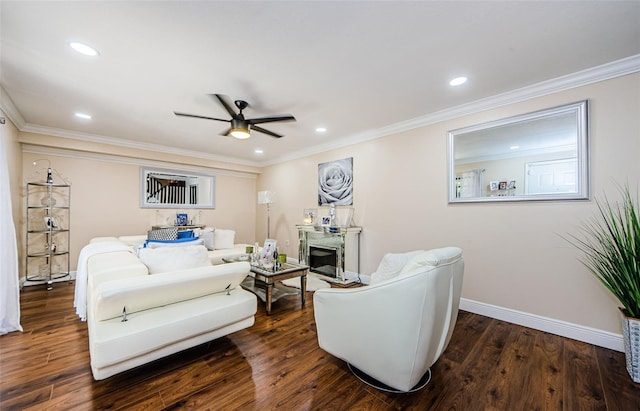 2706 11th Ct, Palm Harbor, FL 34684 - living room featuring ceiling fan, baseboards, wood finished floors, a high end fireplace, and crown molding