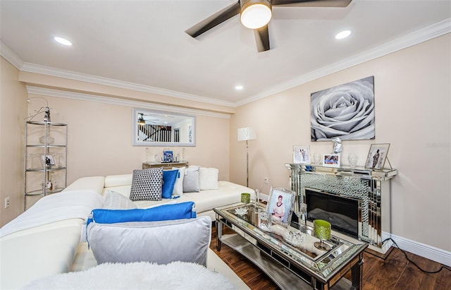 2706 11th Ct, Palm Harbor, FL 34684 - living area with ceiling fan, ornamental molding, wood finished floors, baseboards, and recessed lighting