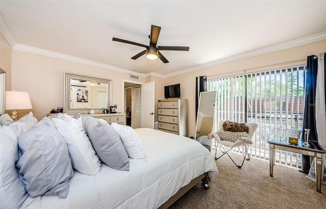 2706 11th Ct, Palm Harbor, FL 34684 - carpeted bedroom with ornamental molding, a textured ceiling, a ceiling fan, and access to outside