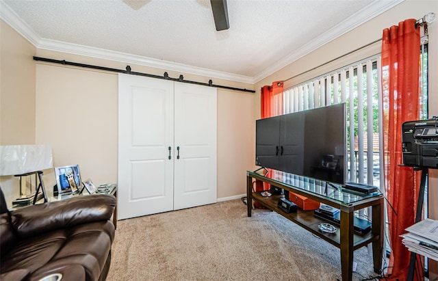 2706 11th Ct, Palm Harbor, FL 34684 - living room featuring ornamental molding, a barn door, ceiling fan, carpet flooring, and a textured ceiling