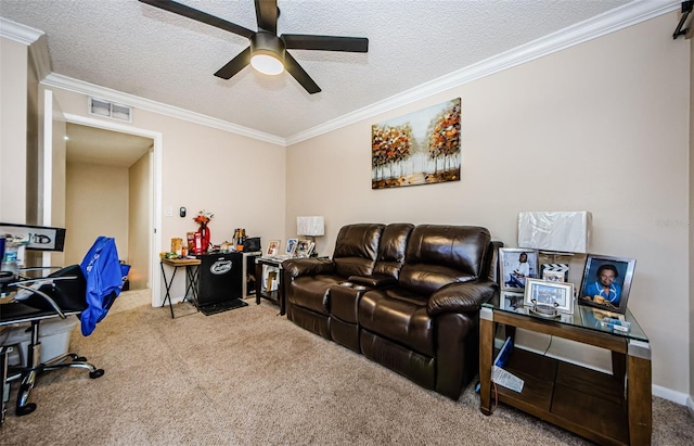 2706 11th Ct, Palm Harbor, FL 34684 - living area with carpet flooring, a ceiling fan, a textured ceiling, and crown molding