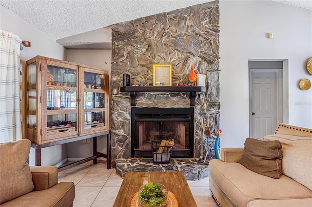 1024 Dockside Dr, Lutz, FL 33559 - living room featuring vaulted ceiling, a textured ceiling, tile patterned floors, and a stone fireplace