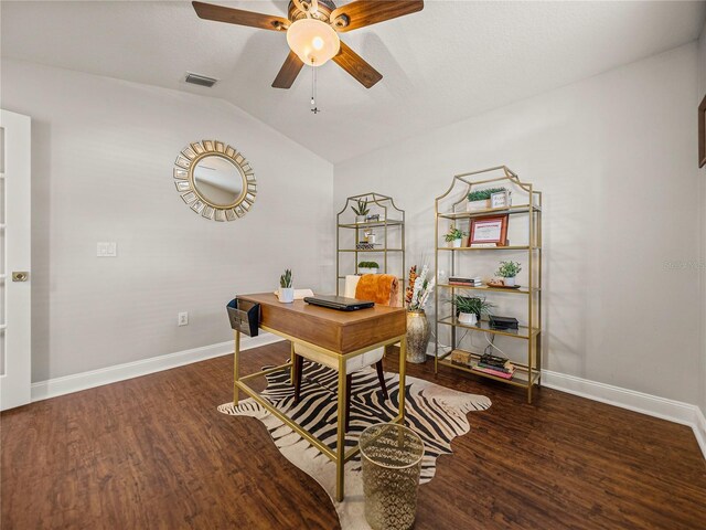 18003 Arbor Crest Dr, Tampa, FL 33647 - office area with vaulted ceiling, a ceiling fan, baseboards, and wood finished floors
