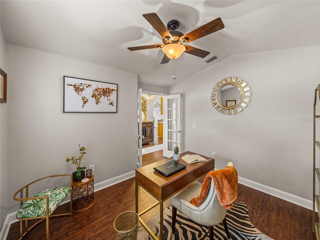 18003 Arbor Crest Dr, Tampa, FL 33647 - office area with wood finished floors, baseboards, a ceiling fan, vaulted ceiling, and french doors