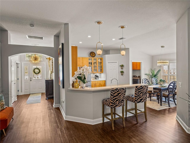 18003 Arbor Crest Dr, Tampa, FL 33647 - kitchen with freestanding refrigerator, arched walkways, dark wood-style floors, glass insert cabinets, and baseboards
