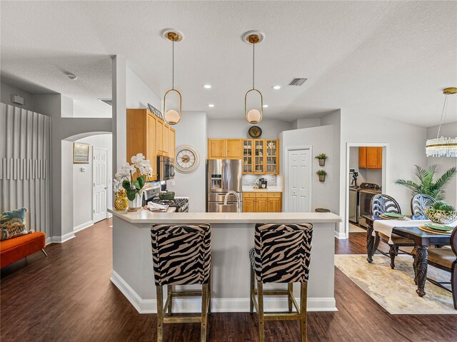 18003 Arbor Crest Dr, Tampa, FL 33647 - kitchen with appliances with stainless steel finishes, arched walkways, a peninsula, dark wood-style floors, and glass insert cabinets
