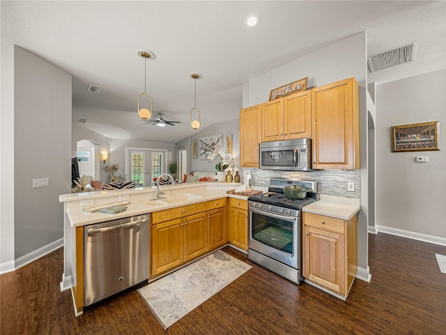 18003 Arbor Crest Dr, Tampa, FL 33647 - kitchen with stainless steel appliances, a sink, arched walkways, baseboards, and dark wood-style flooring