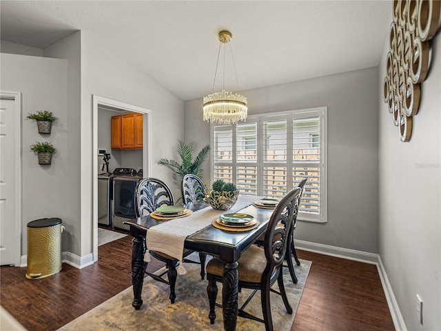 18003 Arbor Crest Dr, Tampa, FL 33647 - dining space with washer and clothes dryer, wood finished floors, a chandelier, baseboards, and lofted ceiling