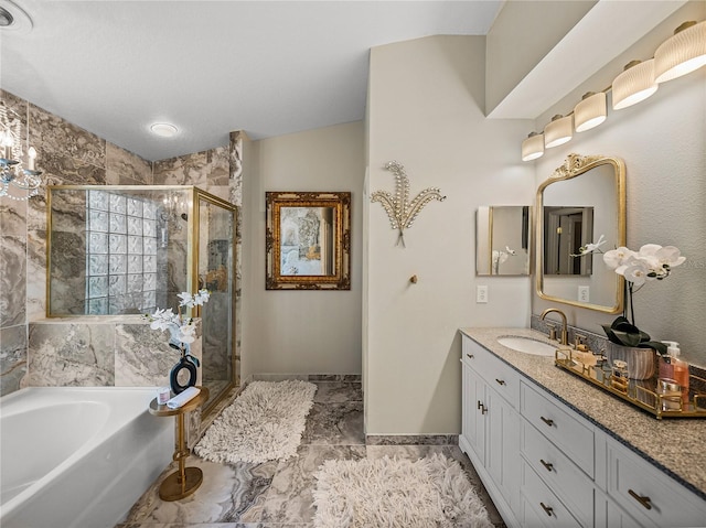 18003 Arbor Crest Dr, Tampa, FL 33647 - full bathroom featuring a bath, vanity, a stall shower, baseboards, and marble look tile flooring