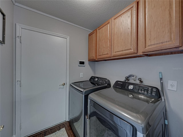 18003 Arbor Crest Dr, Tampa, FL 33647 - washroom with cabinet space, washer and clothes dryer, crown molding, and a textured ceiling