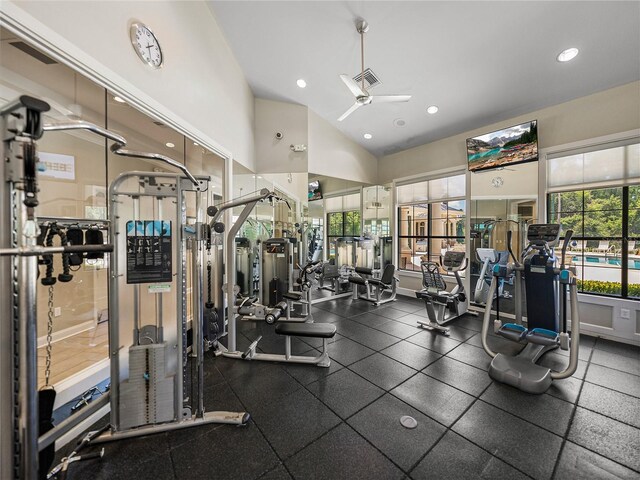 18003 Arbor Crest Dr, Tampa, FL 33647 - gym featuring a ceiling fan, recessed lighting, and lofted ceiling