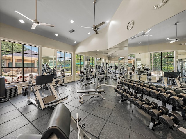 18003 Arbor Crest Dr, Tampa, FL 33647 - gym featuring ceiling fan, high vaulted ceiling, and recessed lighting