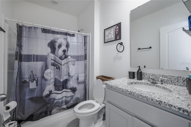 5189 Greenheart Ave, Mount Dora, FL 32757 - bathroom with vanity, toilet, curtained shower, and tile patterned floors