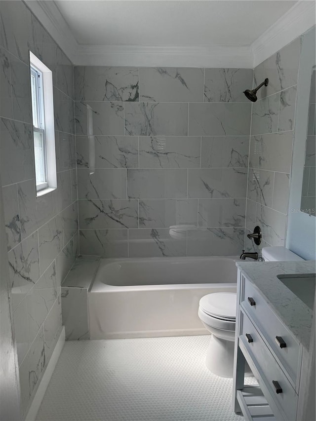 3008 E 38th Ave, Tampa, FL 33610 - bathroom with crown molding, toilet, vanity, and shower / washtub combination