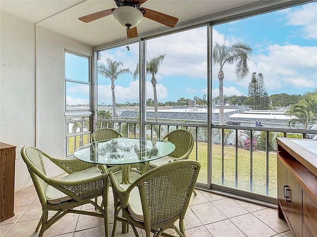 1 Boca Ciega Point Blvd Unit 215, Saint Petersburg, FL 33708 - sunroom / solarium featuring a ceiling fan, a water view, tile patterned flooring, outdoor dining space, and a wall of windows
