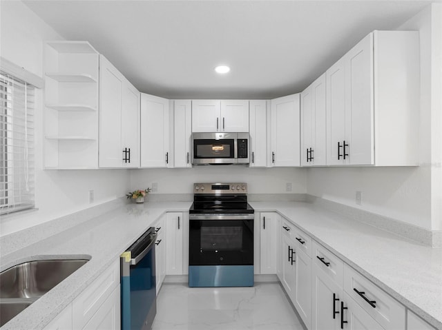 302 Patty Dr, Oldsmar, FL 34677 - kitchen featuring stainless steel appliances, white cabinets, open shelves, light marble finish floors, and recessed lighting