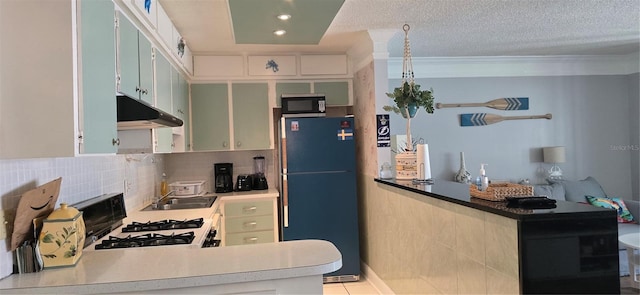 kitchen with freestanding refrigerator, under cabinet range hood, range, a sink, and black microwave