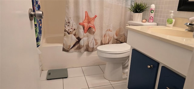 full bath with tile patterned flooring, vanity, toilet, and backsplash