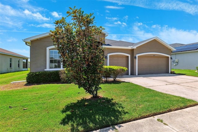 view of front of property with stucco siding, a garage, a front lawn, and driveway