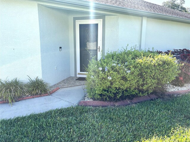 19420 Haskell Pl, Land O Lakes, FL 34638 - doorway to property featuring stucco siding and a shingled roof