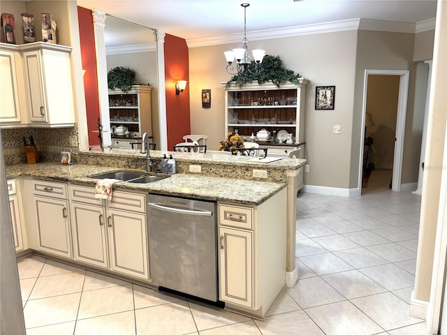 19420 Haskell Pl, Land O Lakes, FL 34638 - kitchen featuring cream cabinets, dishwasher, a sink, ornamental molding, and a chandelier