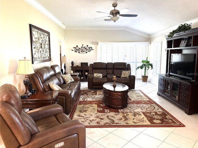 19420 Haskell Pl, Land O Lakes, FL 34638 - living room featuring ceiling fan, vaulted ceiling, light tile patterned floors, crown molding, and a textured ceiling