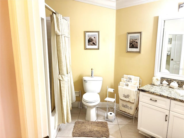 19420 Haskell Pl, Land O Lakes, FL 34638 - full bath featuring vanity, tile patterned flooring, toilet, ornamental molding, and a shower with curtain