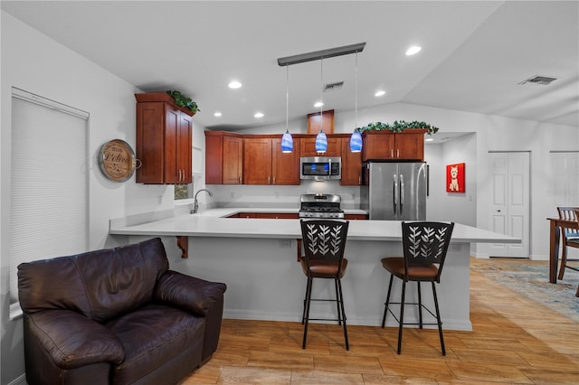 905 W Fribley St, Tampa, FL 33603 - kitchen with stainless steel appliances, a peninsula, lofted ceiling, light countertops, and open floor plan