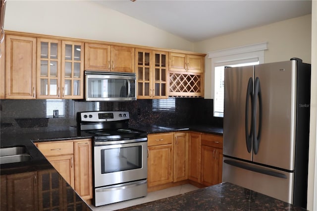 11014 Peking Pl, Tampa, FL 33624 - kitchen featuring stainless steel appliances, lofted ceiling, decorative backsplash, and dark stone countertops
