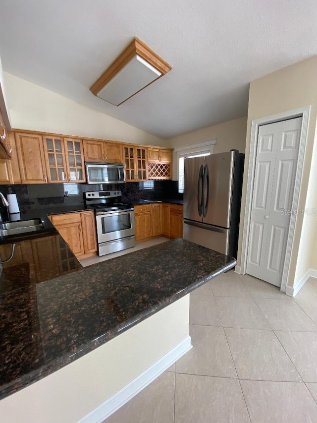 11014 Peking Pl, Tampa, FL 33624 - kitchen featuring appliances with stainless steel finishes, a sink, vaulted ceiling, a peninsula, and glass insert cabinets