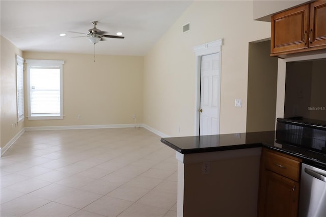 11014 Peking Pl, Tampa, FL 33624 - kitchen with ceiling fan, dishwasher, dark countertops, baseboards, and recessed lighting