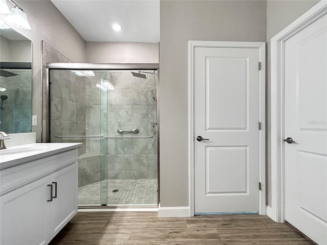 16913 Anchor Root St, Wimauma, FL 33598 - full bathroom featuring vanity, a stall shower, wood finished floors, and baseboards