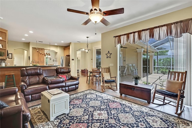 12012 Cromwell Way, Spring Hill, FL 34609 - living room with ceiling fan, tile patterned flooring, and recessed lighting