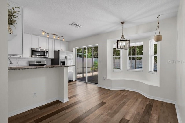 5865 Meadowpark Pl, Lithia, FL 33547 - kitchen with stainless steel appliances, backsplash, a textured ceiling, dark wood-type flooring, and a chandelier