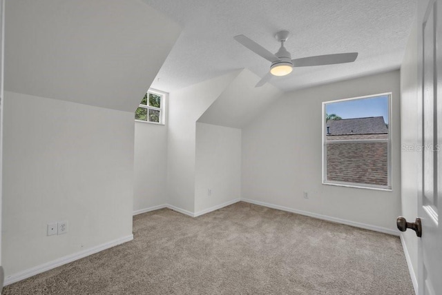 5865 Meadowpark Pl, Lithia, FL 33547 - additional living space featuring carpet flooring, vaulted ceiling, baseboards, a ceiling fan, and a textured ceiling