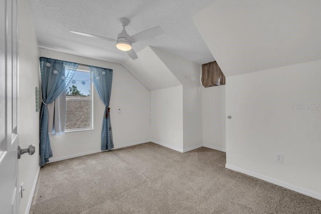 5865 Meadowpark Pl, Lithia, FL 33547 - additional living space featuring carpet floors, ceiling fan, baseboards, vaulted ceiling, and a textured ceiling