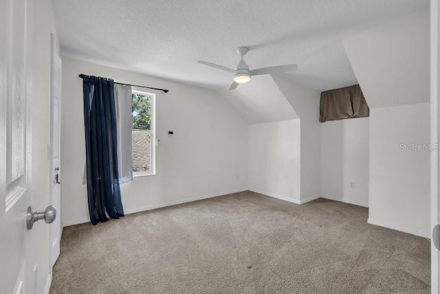 5865 Meadowpark Pl, Lithia, FL 33547 - additional living space with carpet, a ceiling fan, lofted ceiling, a textured ceiling, and baseboards
