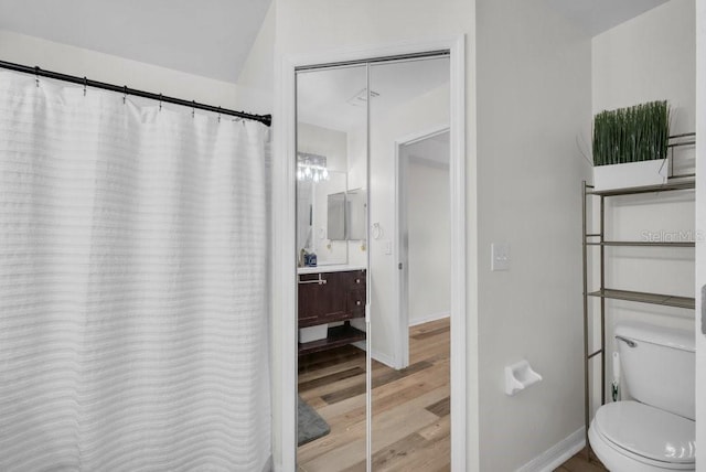 5865 Meadowpark Pl, Lithia, FL 33547 - bathroom with wood finished floors, vanity, baseboards, and toilet