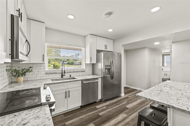1459 Joel Ln, Clearwater, FL 33755 - kitchen featuring appliances with stainless steel finishes, a sink, white cabinetry, recessed lighting, and backsplash