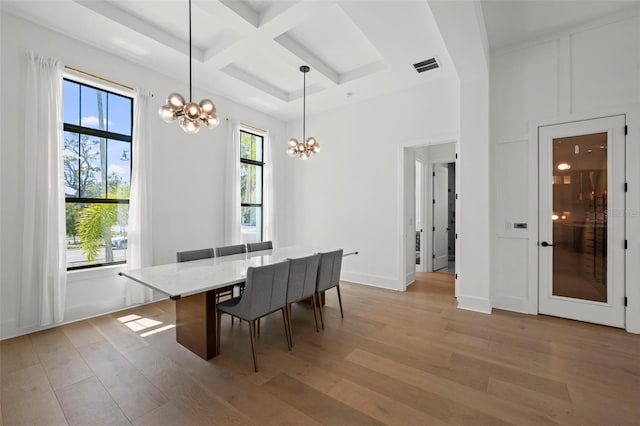 403 E Davis Blvd, Tampa, FL 33606 - dining space with a chandelier, coffered ceiling, light wood-style flooring, beam ceiling, and baseboards
