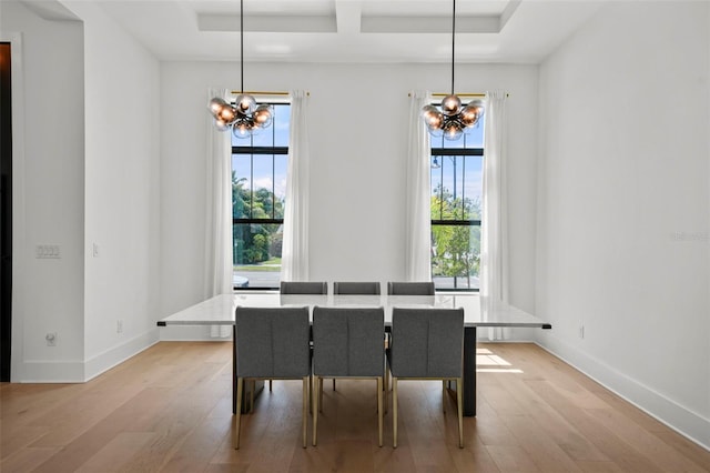 403 E Davis Blvd, Tampa, FL 33606 - dining space with a chandelier, light wood-type flooring, baseboards, coffered ceiling, and beamed ceiling