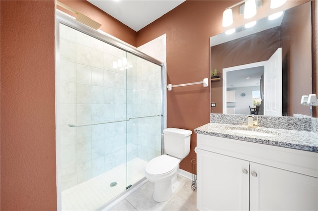 4917 Eagle Rock Dr, Wimauma, FL 33598 - bathroom featuring a shower stall, toilet, tile patterned flooring, a textured wall, and vanity