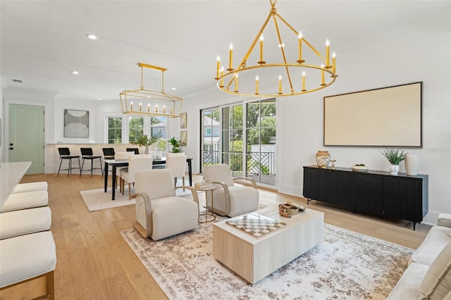 2200 N Glenwood Dr, Tampa, FL 33602 - living room featuring a chandelier, light wood finished floors, ornamental molding, and recessed lighting